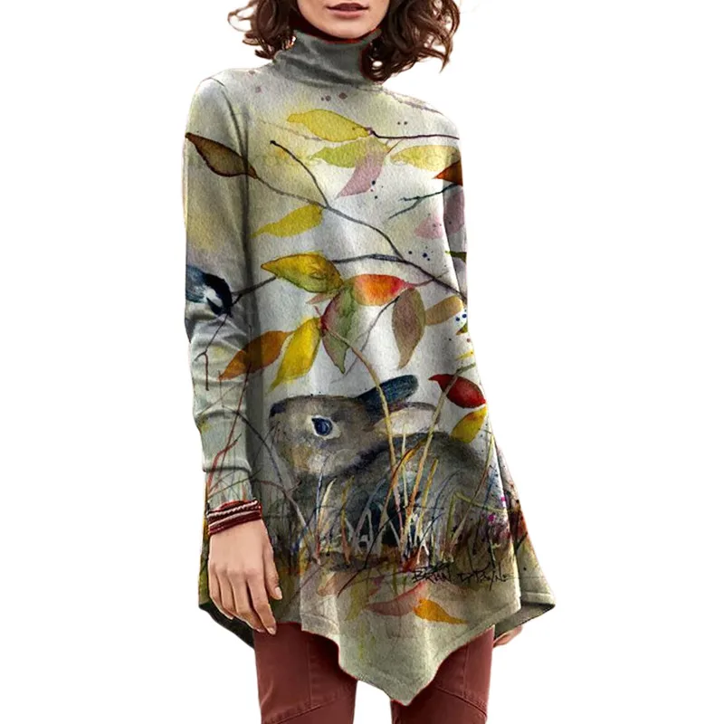 

Women Vintage Turtleneck Rabbit Spring T-Shirt Autumn Plus Size Long Sleeve Pullover Irregular Loose Tops