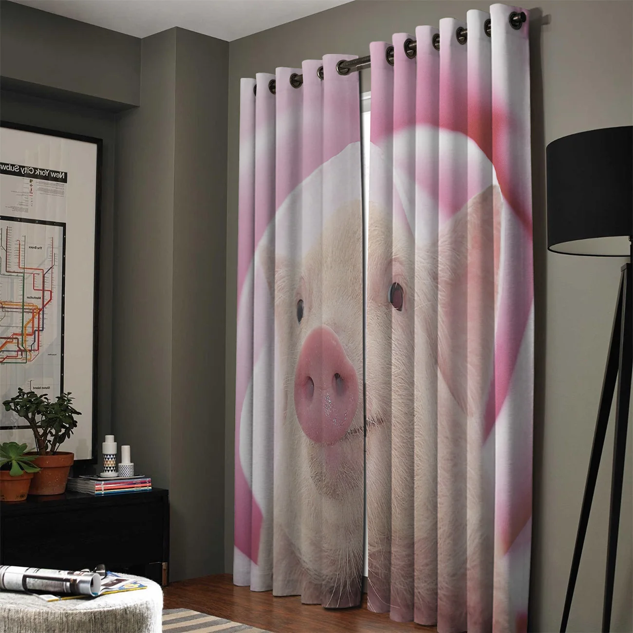 Фон с изображением маленькой розовой свиньи на цветочном окне гостиной кухни