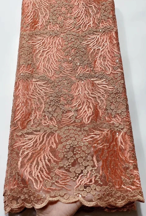 New Style Burnt Orange French Net Lace Fabric sequins African Tulle Mesh High Quality CLL4573 | Дом и сад