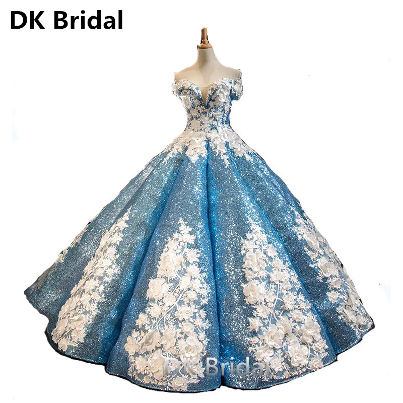 

Sexy Sky Blue/Pink White Flowers Ball Gown Quinceanera Dresses 2019 Luxury Appliques Debutante Dress for Vestido de 15 anos