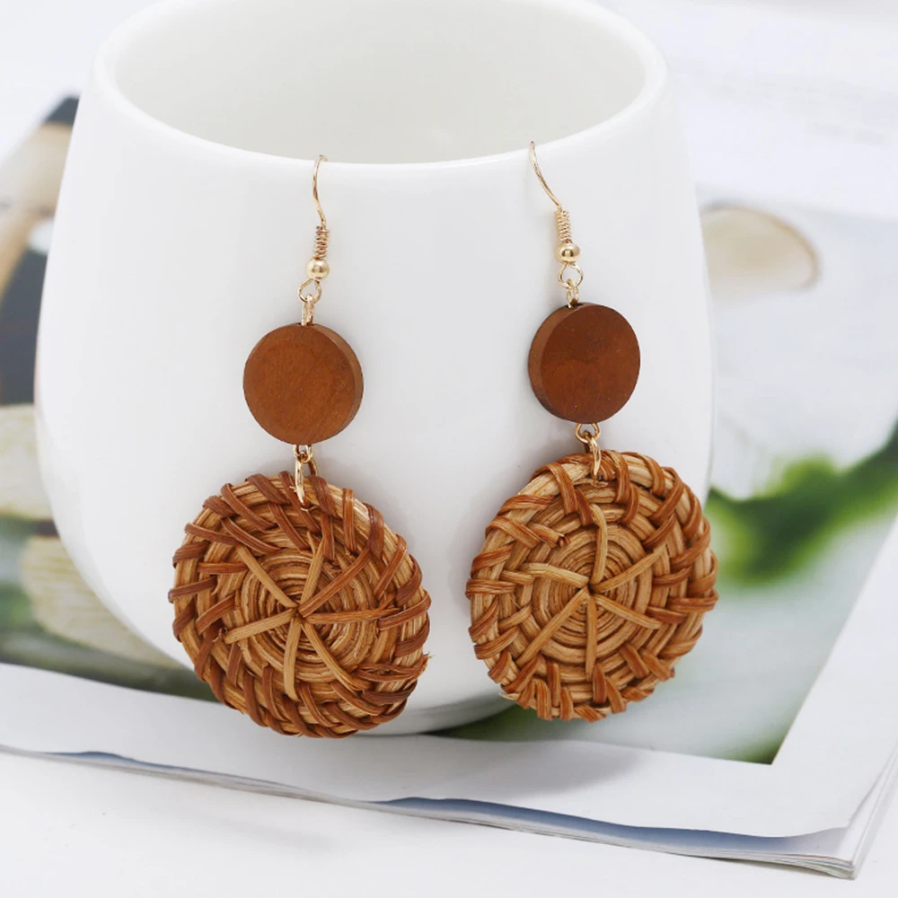 

Druzy/Drusy Rattan Knit&Wood Earrings Rectro Brown Round Earings for Women with Alloy Hook Unique Fashion Jewelry Gift, 1 Pair