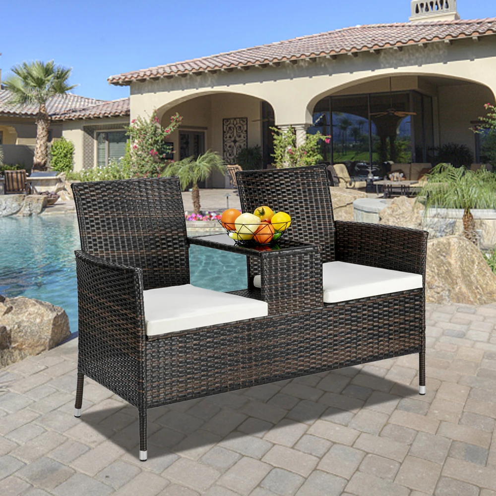 

1pc Lover Chair with 2 Matching Seat Cushion PE Rattan Iron Frame Exquisite Workmanship 131x61x82.5CM Brown Gradient[US-Stock]