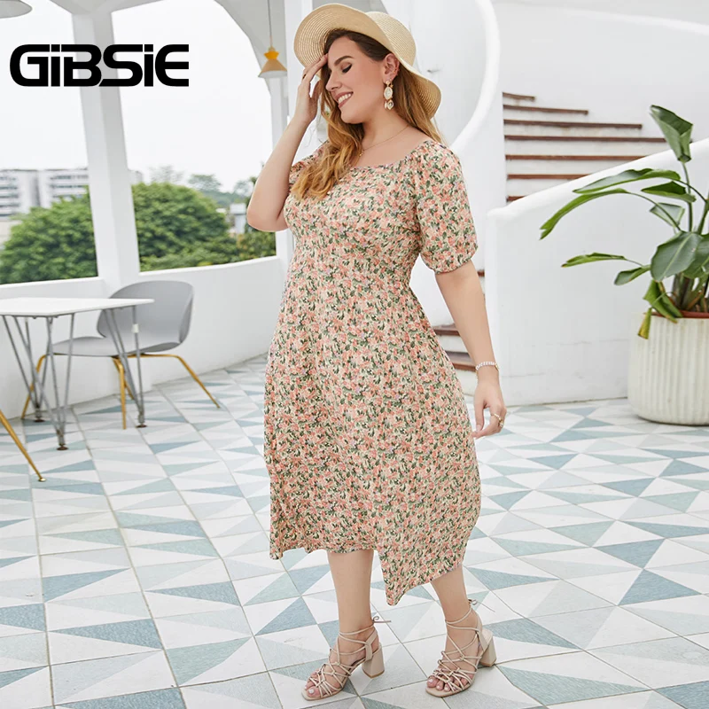 

GIBSIE Holiday Style Floral Print Long Dress Women Summer Casual Fit And Flare Dresses Plus Size Square Neck Boho Swing Dress