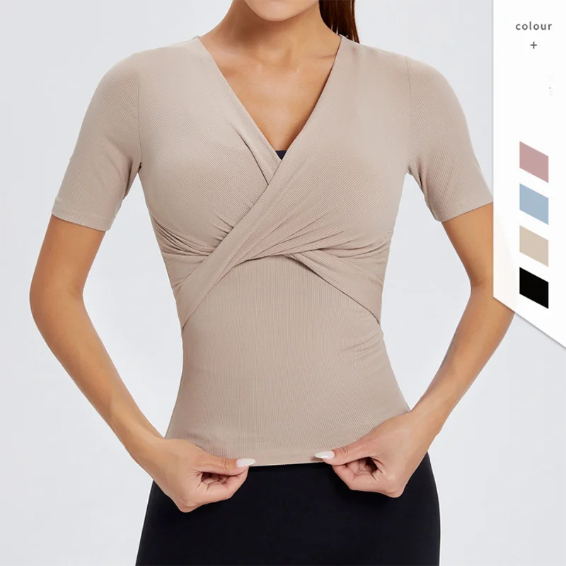 

Women Short Sleeve Yoga T-Shirt Front Cross Deep V-Neck Slim Fitting Sports Vest Naked Feel Breathable Running Top