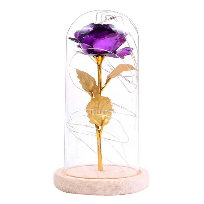 

Valentine's Day Gift Rose Flower And LED Light String In Glass Dome On Gold Foil Artificial Wooden Base The Best Gift