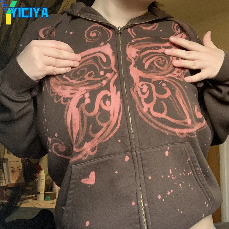 

Women's Hip-hop Oversized Streetwear Hooded Jacket Dark Print Sweatshirt Coat Harajuku Cotton Coats Zipper Y2k Tops Girl Punk