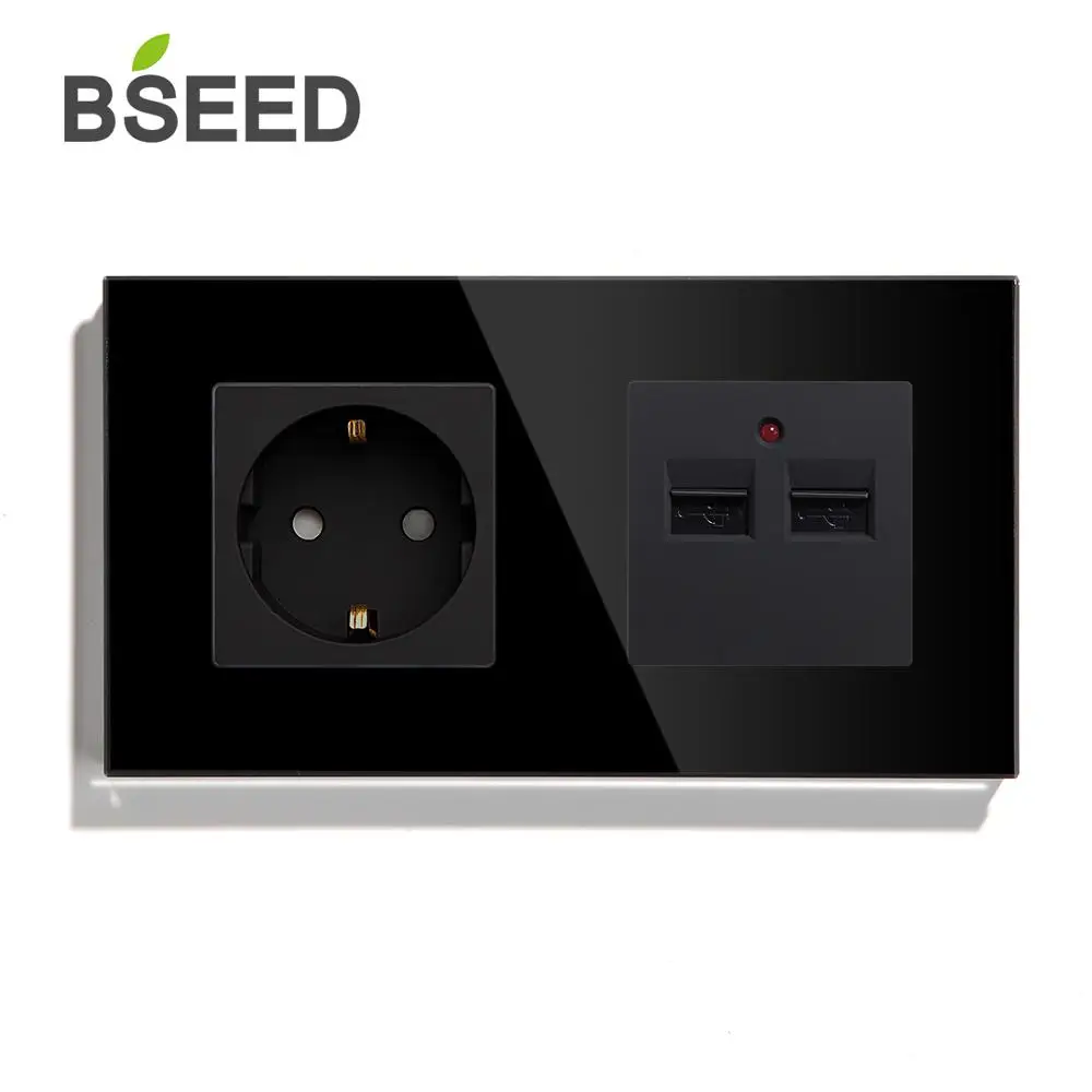 BSEED розетка стандарта ЕС с двойным USB зарядным устройством, настенная розетка, белая, черная, стеклянная панель с кристаллами 100-240 В