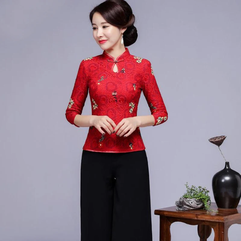 

Chinese Women Embroidery Flower Top Sexy Lace Mandarin Collar Shirts Blouse Novelty Vintage Half Sleeve Tops Oversize 4XL