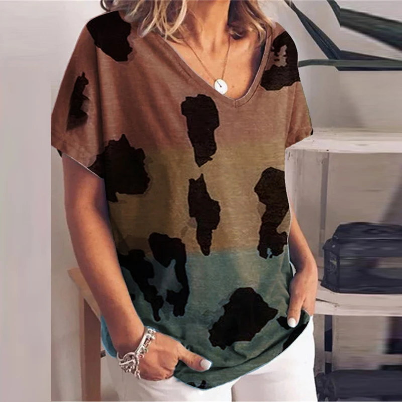 

Women Casual V-neck Heart Print Blouse Elegant Short Sleeve Plus Size Shirts 2021 Spring Summer Streetwear Female Tops Pullover