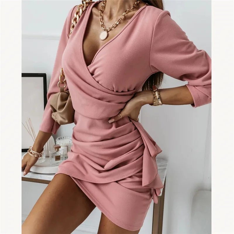 

Autumn Temperament Casual Solid Party Dress 2021 Sexy Deep V-neck Women Dresses Long-sleeved Simple Fashion Pleated Dress