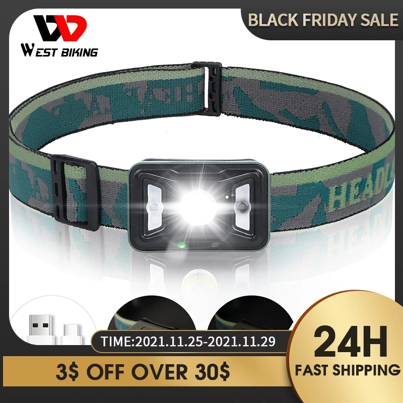 

WEST BIKING Waterproof LED Head Lamp Rechargeable Hiking Headlight Body Motion Sensor Camping Fishing Running Torch Flashlight