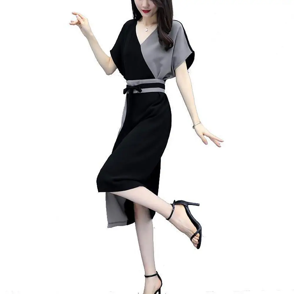 Модное женское лоскутное платье средней длины с v образным вырезом и коротким