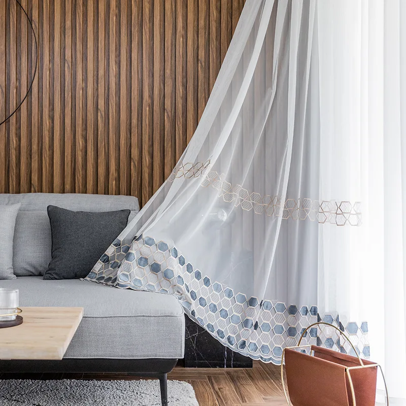 Роскошные геометрические вышитые прозрачные вуали шторы для окон Cortina гостиной