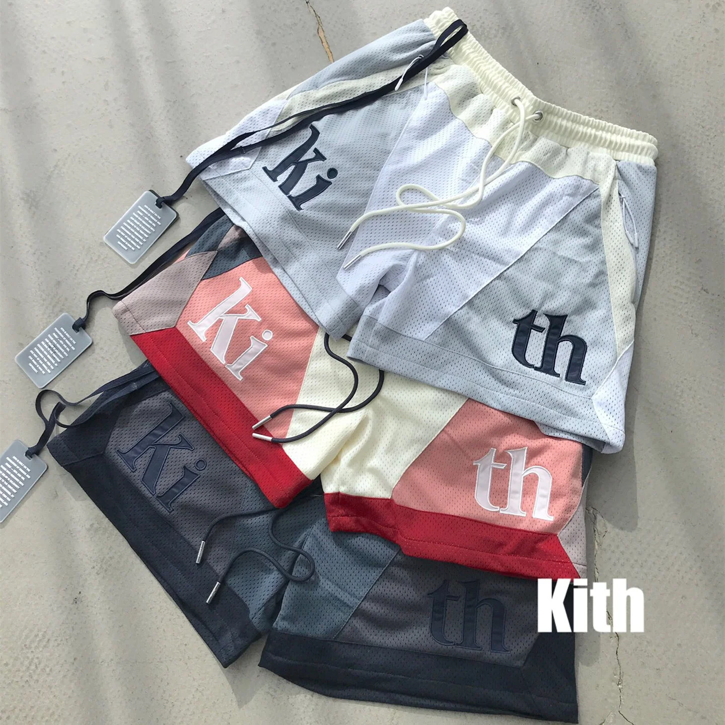 

Шорты 21ss Kith сетчатые для мужчин и женщин, штаны в стиле пэчворк, Дышащие Короткие брюки большого размера с кулиской, уличная одежда, 1:1