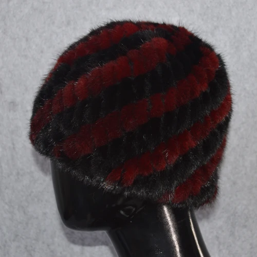 black and wine red Горячая Распродажа, зимняя Милая меховая шапка из натуральной норки, женские эластичные вязаные шапки из натурального меха норки, шапки из натурального меха норки, меховые шапочки - Цвет: black and wine red