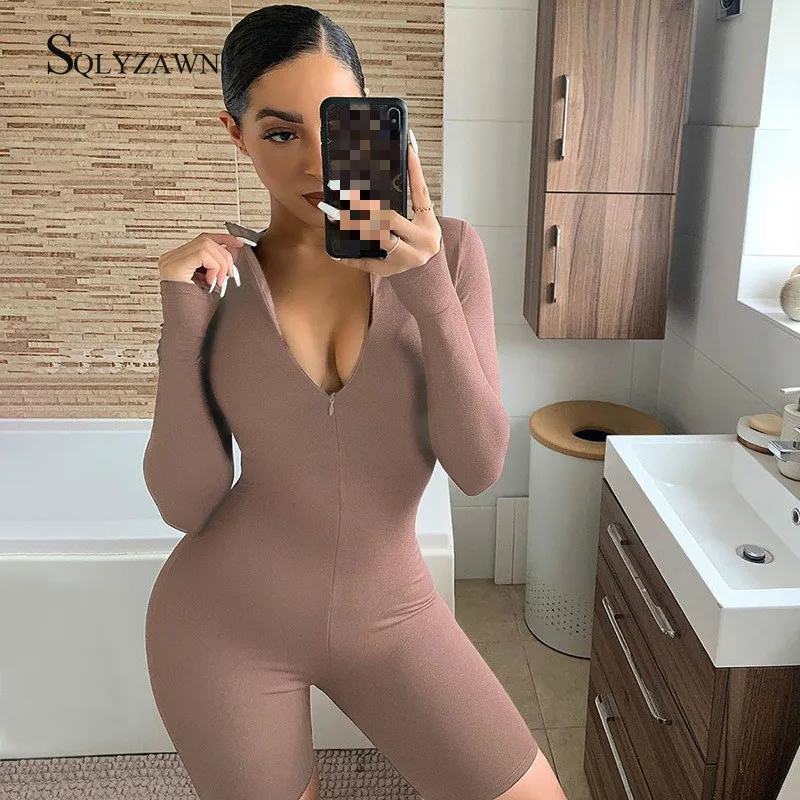 

Solid Color Autum Long Sleeve Skinny Playsuit Women Fashion Sports Fitness Sexy Turtleneck Front Zipper Romper Tight Jumpsuit