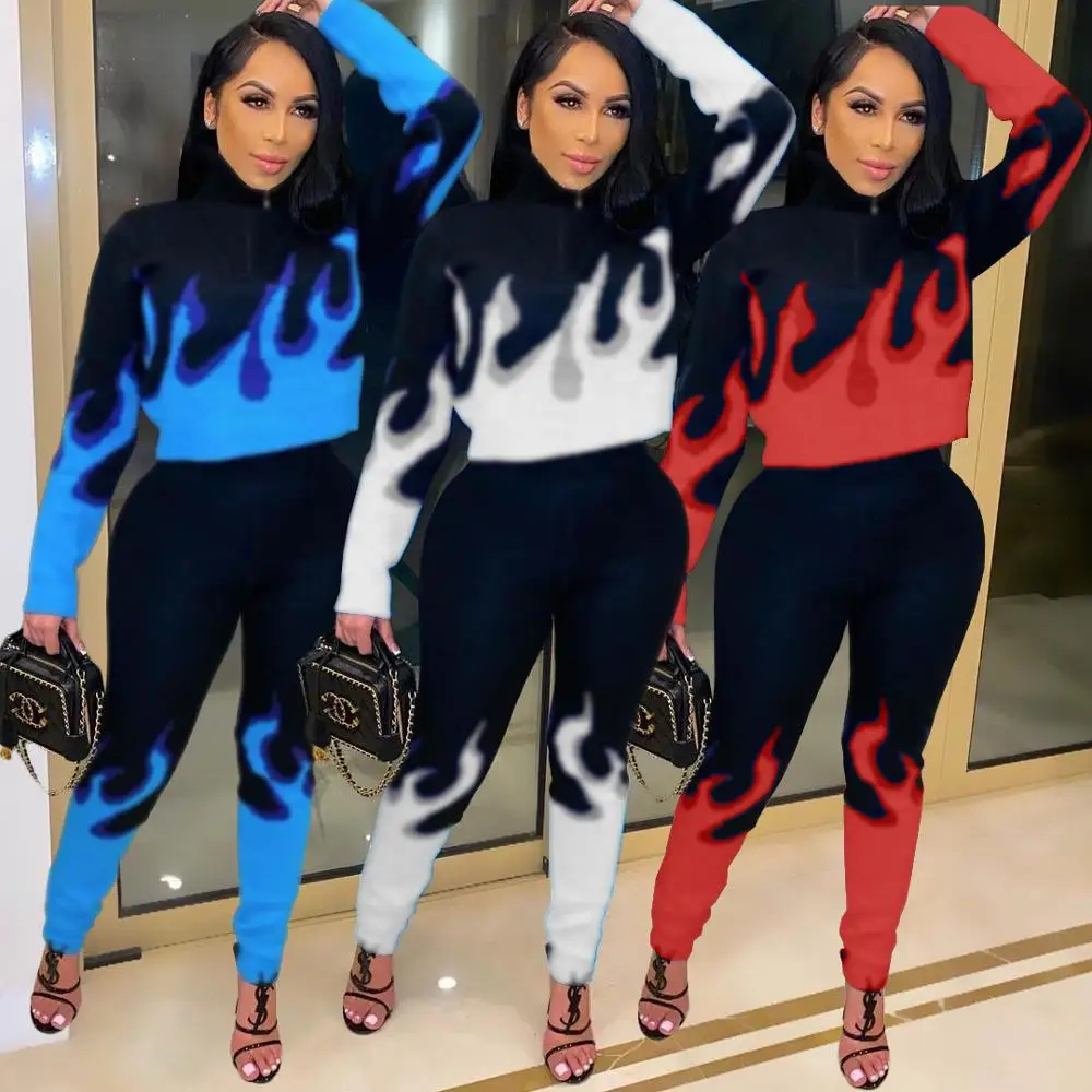 

Fire Flame Print Women Two Pieces Sets Turtleneck Full Sleeve Crop Top+Workout Pant Suit Gothic Punk Streetwear Casual Clothes