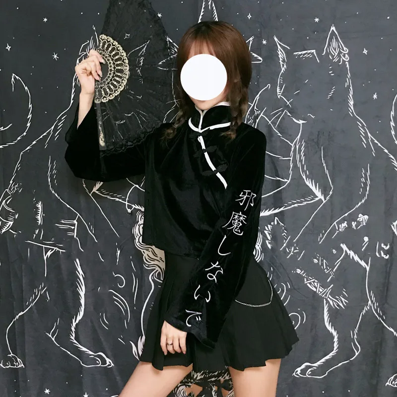 Harajuku Винтаж Collared бархатная блузка женская готическая уличная одежда с длинным рукавом женские кроп Топы японский панк 90'S девушка черная рубашка