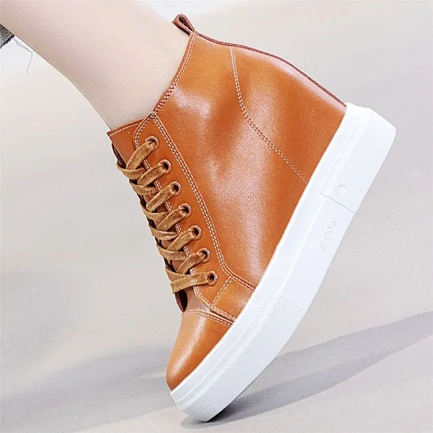 

Fashion Sneakers Women Cow Leather Round Toe Ankle Boots Platform Wedge Lace Up High Heels Increasing Height Oxfords 34 -39