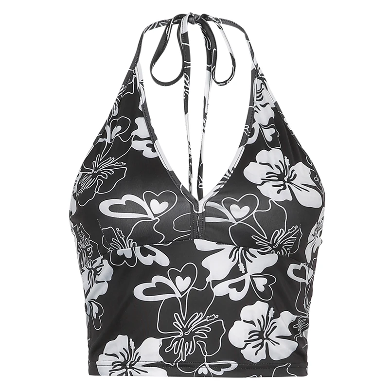 

Rockmore Summer Floral Sexy Crop Tops Deep V-neck Halter Tank Top Y2K Cropped Shirts Tee Clubwear Camis Vests Harajuku Outfits
