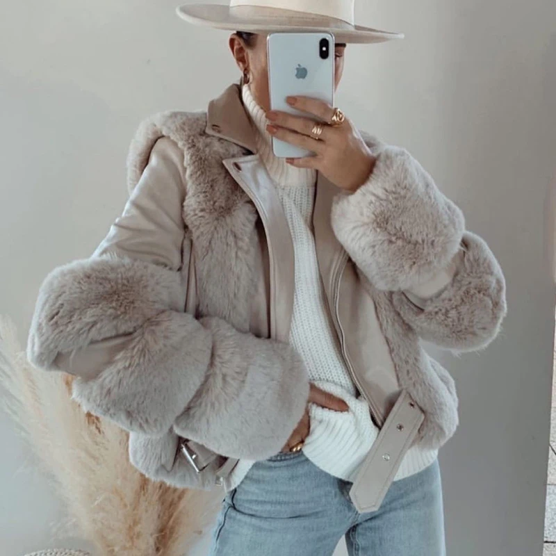 

Patchwork Sheepskin Coat Women Winter Warm Thick Luxurious Faux Leather Fur Coat Long Sleeve Women's Jacket Motorcycle Coat 2021