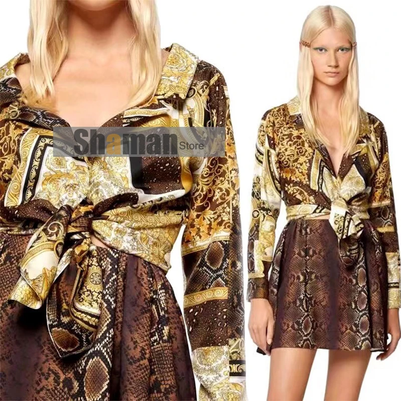 

luxury designer 2021 spring high end retro print stylish waist strap long sleeve corp button up shirt shirts tops camisas mujer