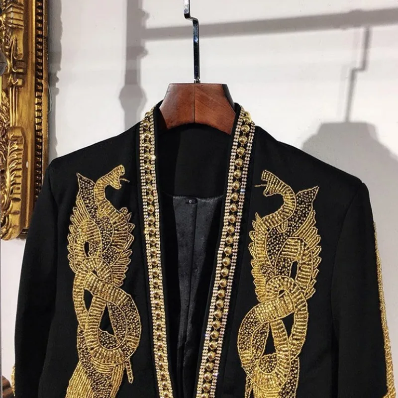 Luxury Court Style Wedding Suit Coat Men Handmade Beading Collar Embroidered Slim Blazer Male Streetwear Hip Hop Outerwear S-XL