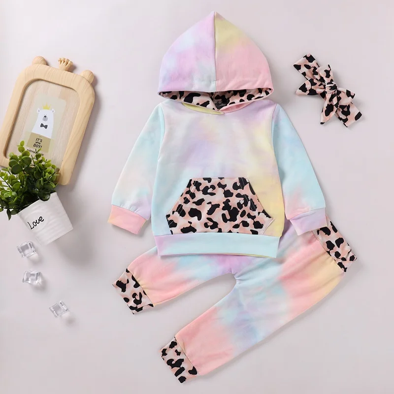 

Kids Outfits Baby Girl Clothes Set 3 Piece Tie Dye Patchwork Leopard Print Long Sleeve Hooded Sweater Tops+trousers+bow Headband