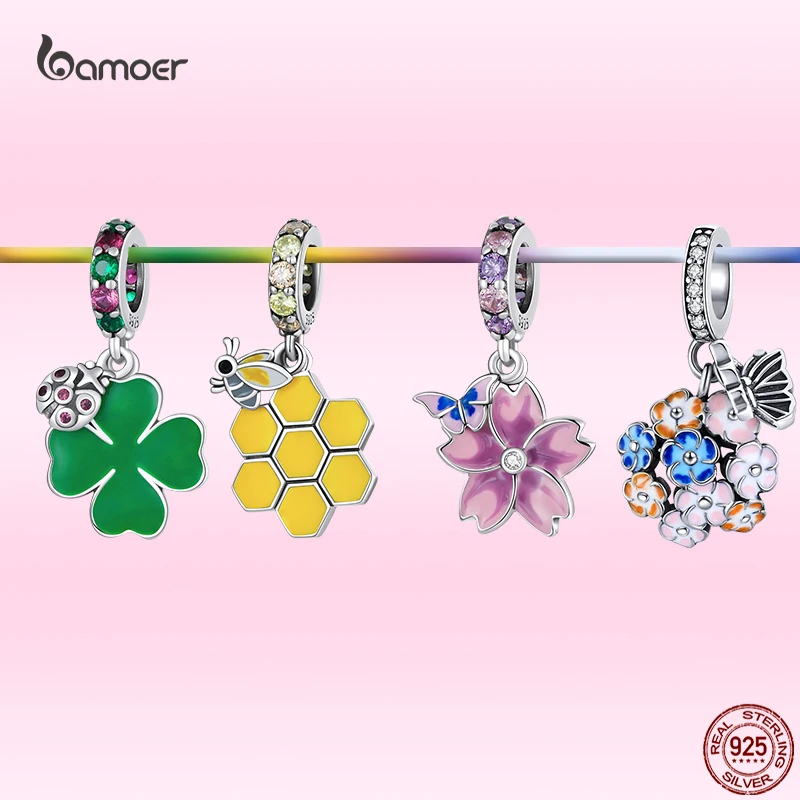 

Bamoer 925 Sterling Silver Pink Butterfly & Flower Ladybug & Four-Leaf Clover Charms Fit Original DIY Bracelet & Bangle Jewelry