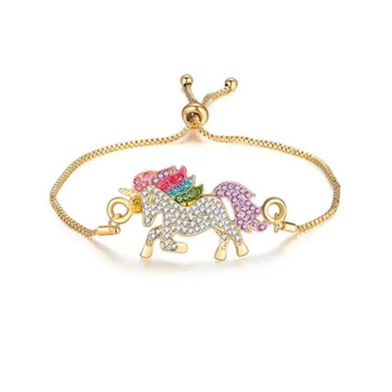 bracelet Qilmily набор из циркония с разноцветным единорогом, ожерелье и браслет и серьги и кольцо для женщин и девочек, Золотое кольцо, регулируемые ювелирные изделия, подарки - Окраска металла: bracelet
