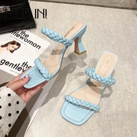 open toe slip on sandals slippers woven sexy high heels profession women shoes summer hollow slippers solid color simple slides
