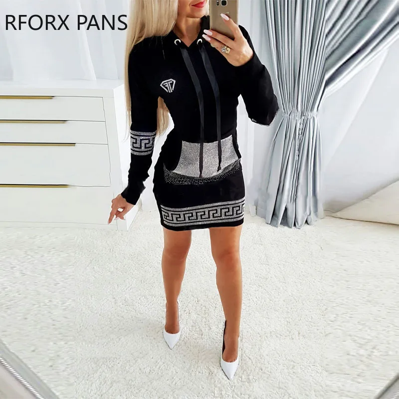

Women Solid Hooded Tape Casual Dress Long Sleeves Rhinestone Mini Sweatshirt Dress
