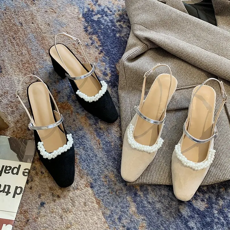 

Pearl Sandals Female Shoe Clear Heels 2021 Women's Buckle Strap Med Girls High Beige Comfort Fashion New Block Closed Velvet Med