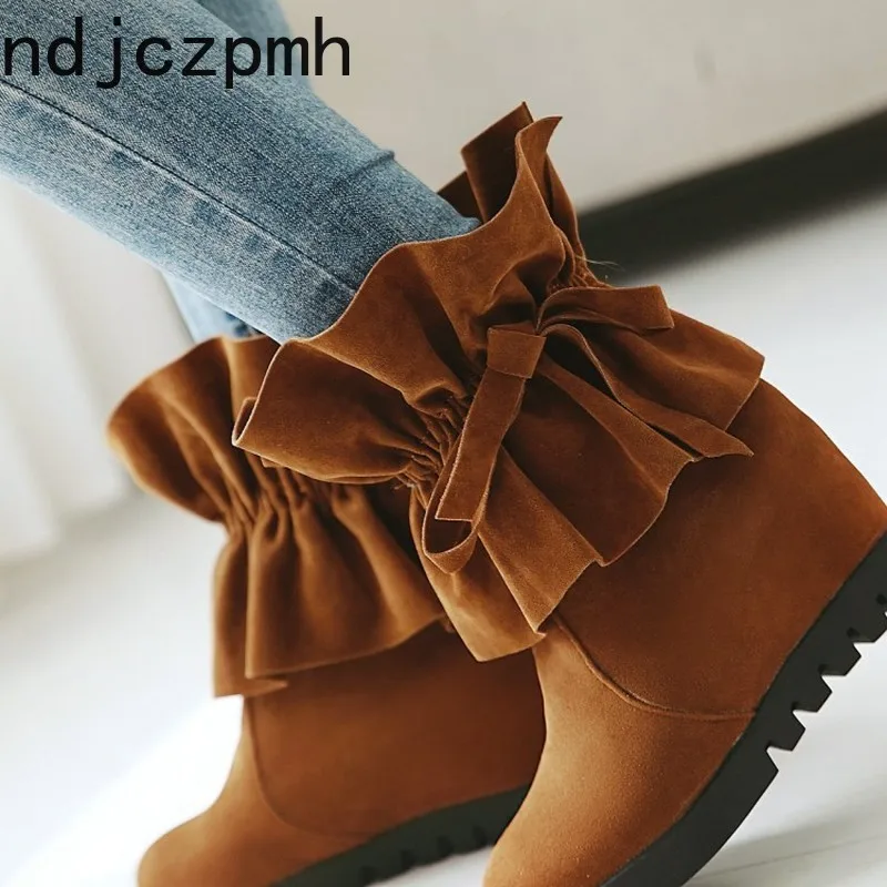 

Autumn and Winter Boots Women Fashion Flock Round Head Comfortable Butterfly-knot Height Increasing Ankle Boots Plus Size 34-43
