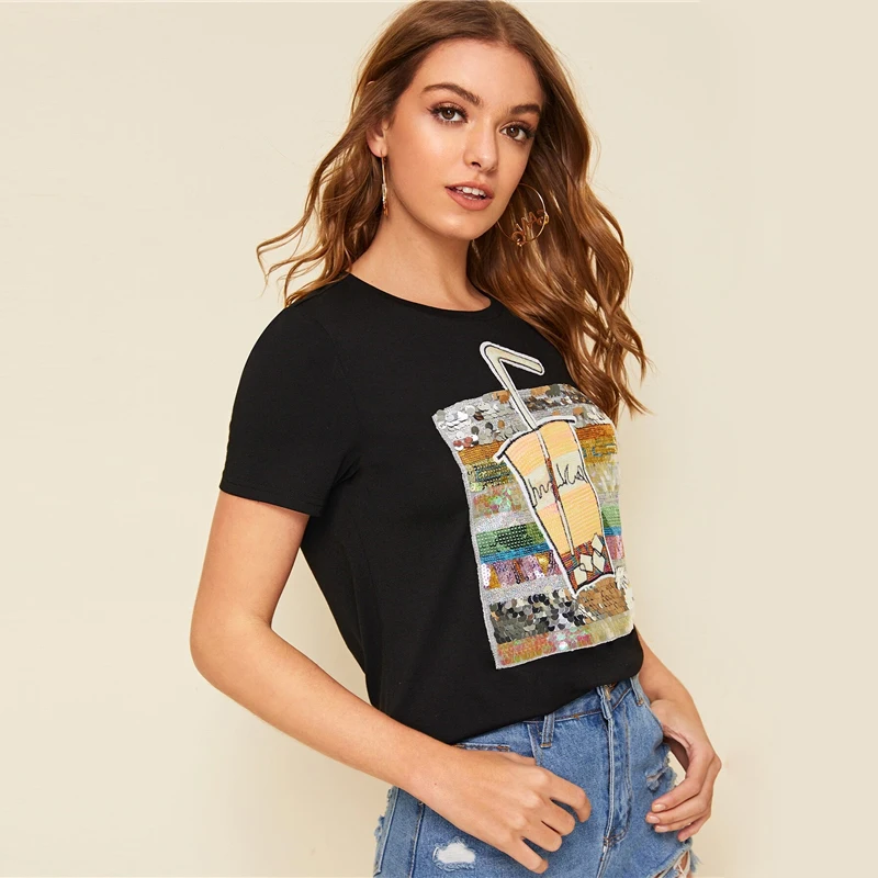 Dotfashion белый топ с блестками и цветными блоками для женщин Летняя Повседневная футболка с коротким рукавом Женская корейская модная футболка