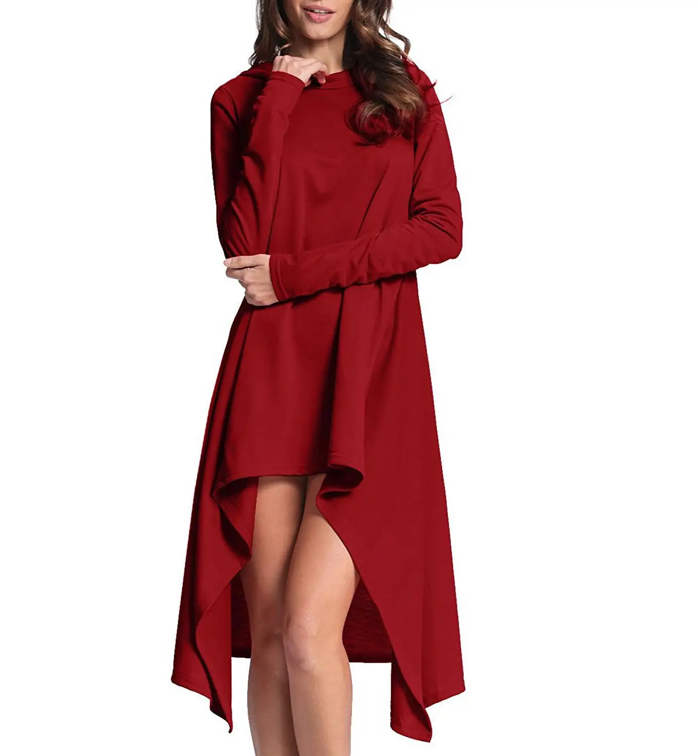 Большие размеры S 4XL асимметричный подол женское платье одноцветное с капюшоном