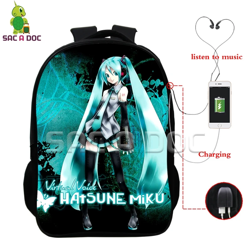 1 Многофункциональный рюкзак VOCALOID Hatsune Miku, зарядка через usb, разъем для наушников, для ноутбука, для подростков, мальчиков, девочек, школьные рюкзаки для косплея - Цвет: 1