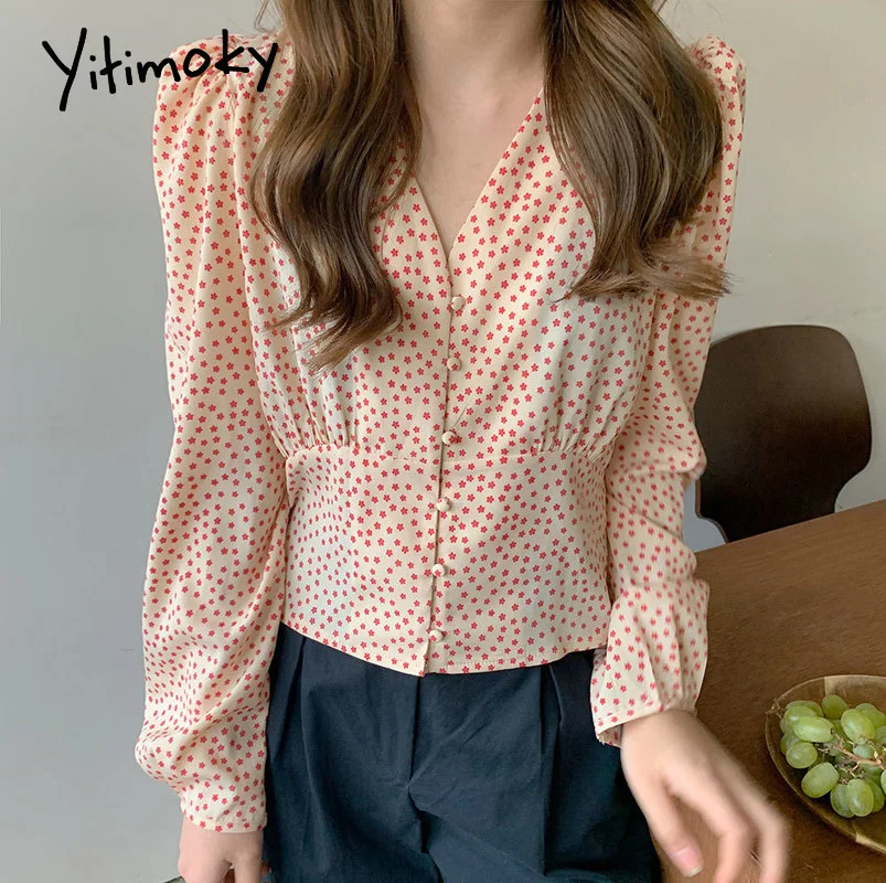 

Женская шифоновая блузка Yitimoky, повседневная розовая, зеленая, черная рубашка с цветочным принтом, на пуговицах, с пышными рукавами и V-образн...