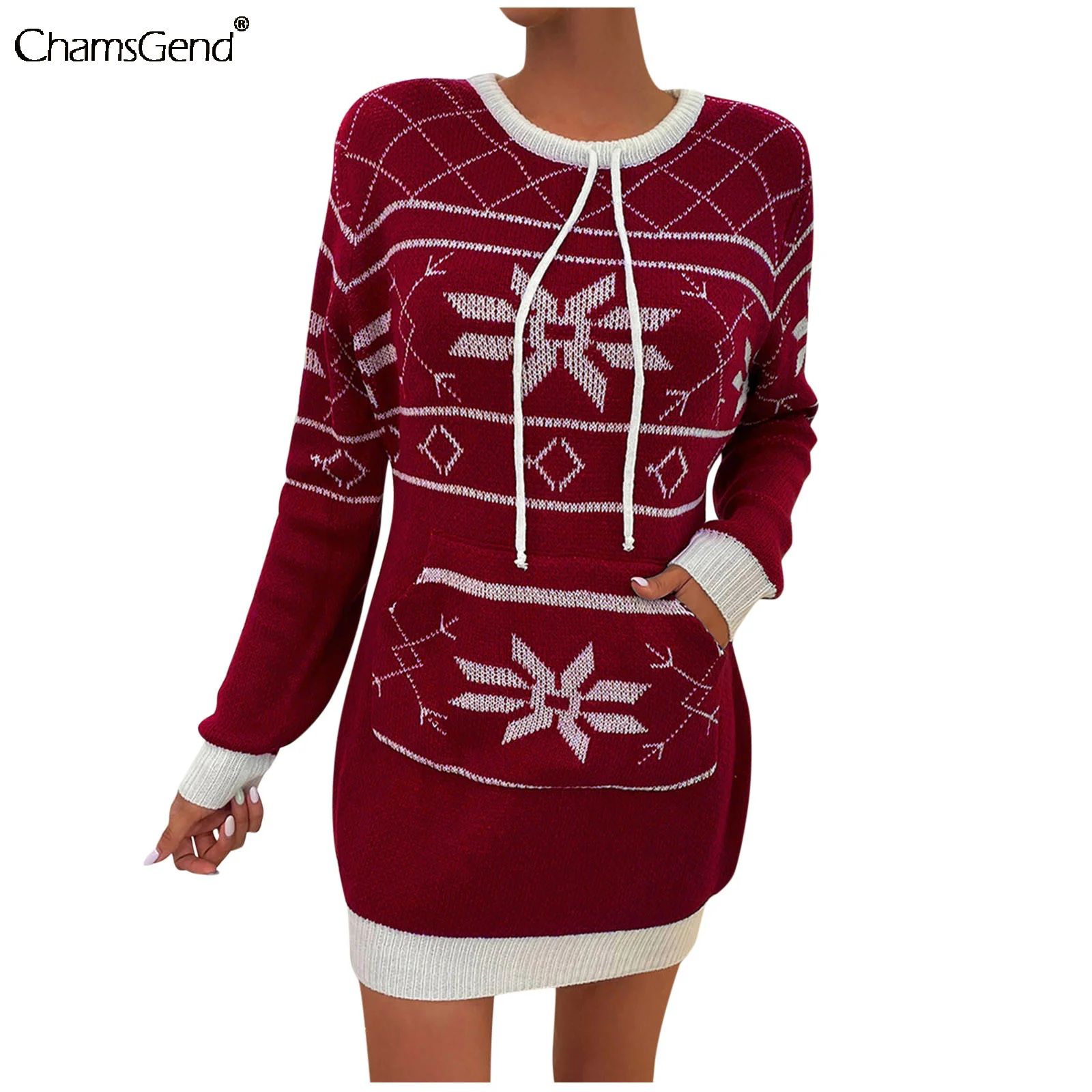 

Женское трикотажное облегающее платье-футляр с принтом снежинок и длинным рукавом, теплые женские платья-свитеры с круглым вырезом и карма...