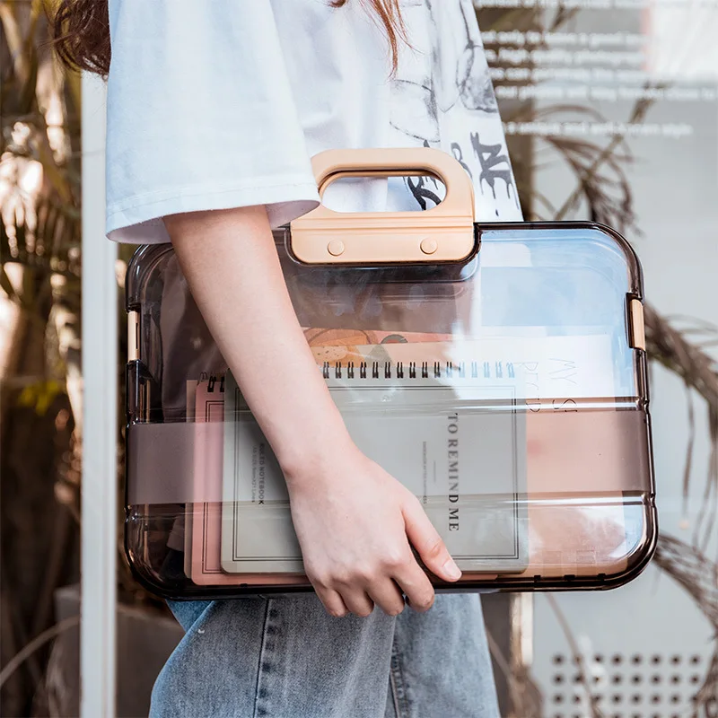 

A4 Portable File Folder Transparent Plastic Binder Organizer Manager Office Document Pad Briefcase Stationery File Box