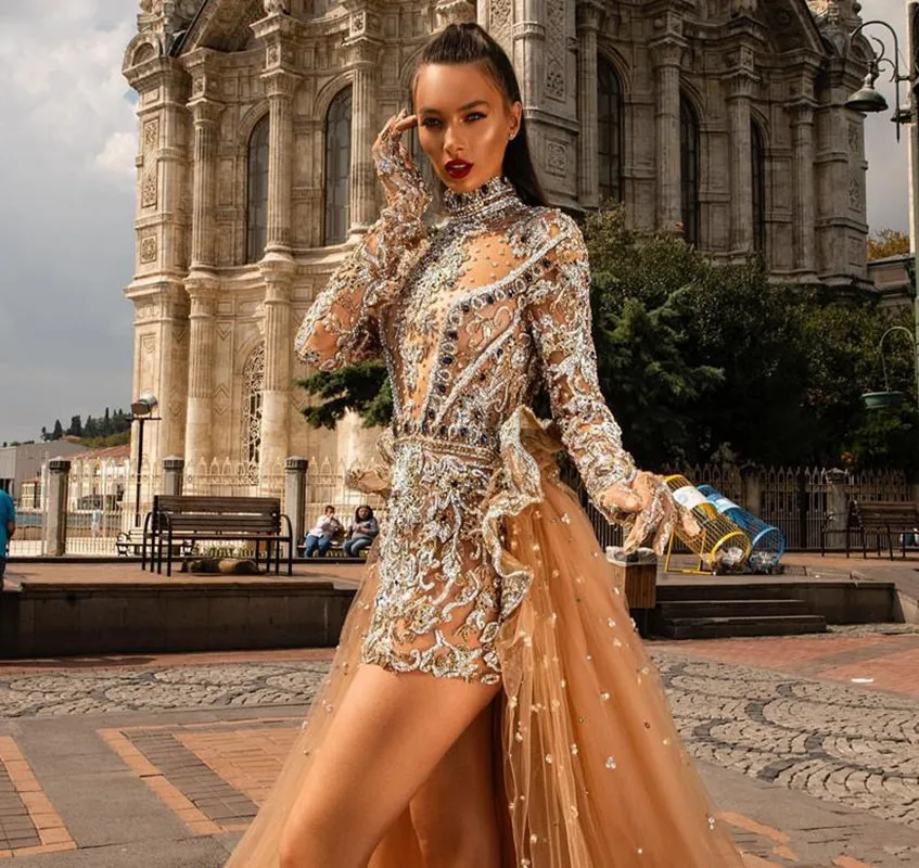 Luxury Beading Short Prom Dresses with Detachable Train Crystal High Neck Long Sleeve Evening Gowns Dubai Arabic Formal Wear