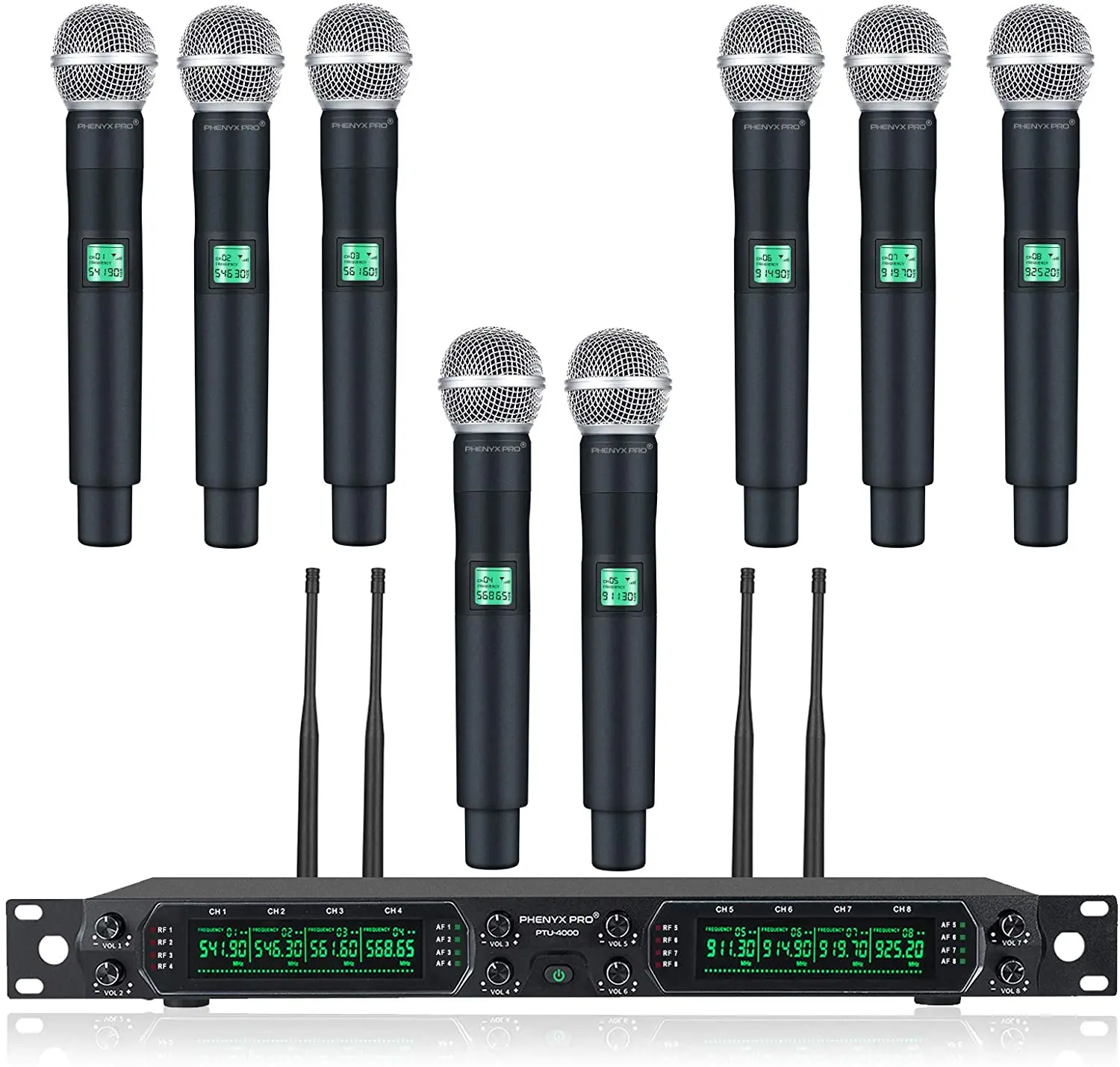 

Wireless Microphone System, Phenyx Pro 8-Channel UHF Cordless Mic Set with Eight Handheld Mics, Fixed Frequency, All Metal