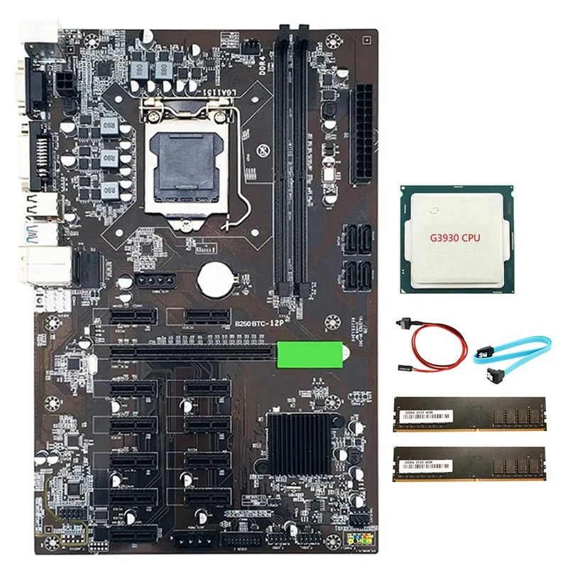 

B250 BTC Mining Motherboard LGA 115 with 2XDDR4 4GB 2133MHZ RAM +G3930 CPU +SATA Cable+Switch Cable Support VGA DVI