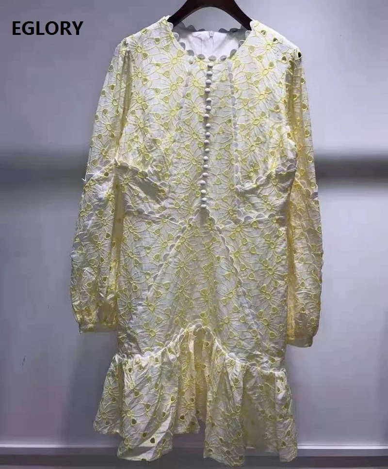

Hollow Out Embroidery Dress 2021 Spring Summer Party Vintage Women O-Neck Tunic Buttons Deco Long Sleeve Yellow Pink Blue Dress