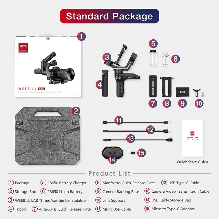 Standard Package ZHIYUN официальный WEEBILL лаборатории 3-х осевая передача изображения стабилизатор для sony/Nikon беззеркальных Камера Сенсор Управление портативный монопод с шарнирным замком - Цвет: Standard Package