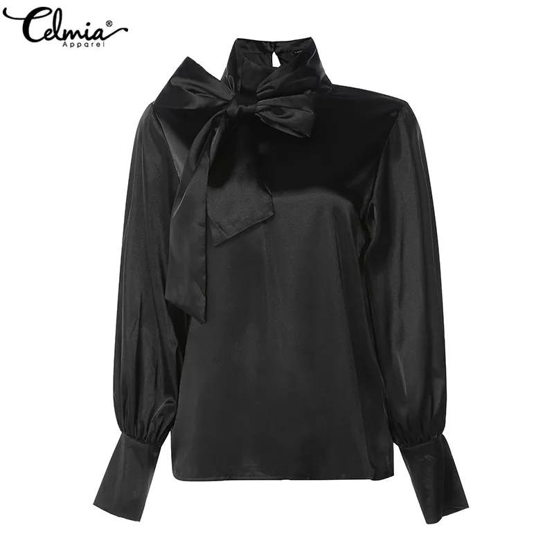 Элегантная женская офисная блузка с высоким воротником длинным рукавом и бантом