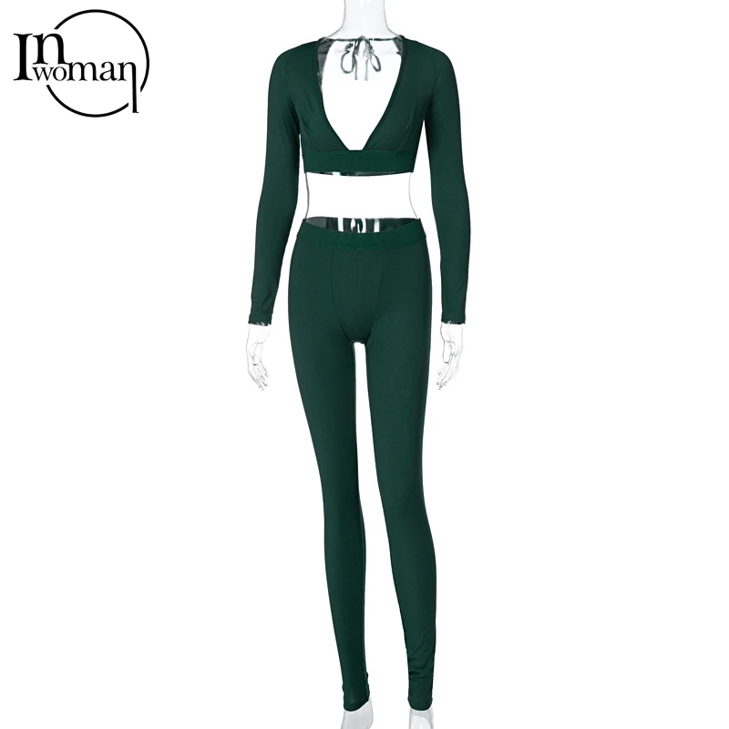 

INWOMAN Crop Top Women Leggings Sweat suit Fitness Bodycon 2 Two Piece Sets Women Outfits Ladies Tracksuit Female Matching Sets