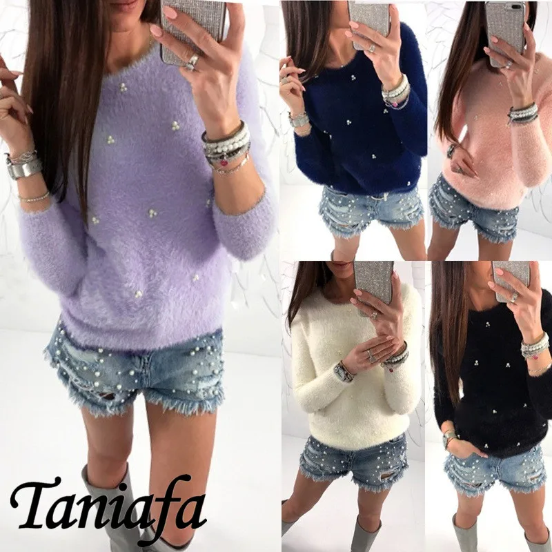

Fashion Beads Stitching Pullovers Women Fluffy Long Sleeve Tops Autumn Winter O-neck Blouse Plus Size