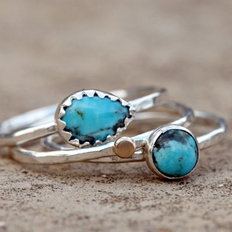 Женский винтажный набор колец из синего камня в стиле ретро античное серебряное