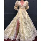 Вечернее платье с высоким разрезом, желтое кружевное платье с v-образным вырезом и перьями, длинный рукав в арабском стиле Вечерние Платья, Саудовская Аравия